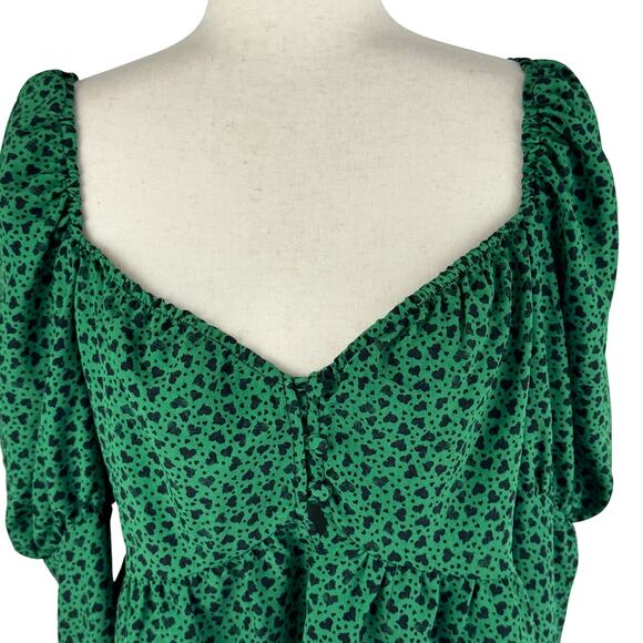 TOPSHOP‎ HEART PRINT PUFF SLEEVE BLOUSE IN GREEN NWOT WOMEN'S SIZE 8 - Picture 2 of 13